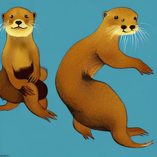 Image similar to otters playing with one another wide angle shot, white background, vector art, illustration by frank frazetta