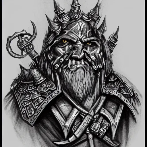 Image similar to chaos dwarf smith from warhammer fantasy : : head and torso portrait drawing