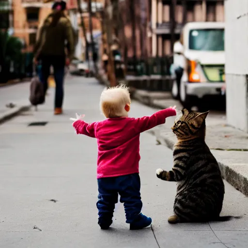 Prompt: a toddler pointing at a cat on the sidewalk