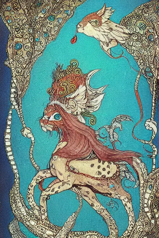 Image similar to intricate and detailed persian miniature of mythical creatures in the style of studio ghibli