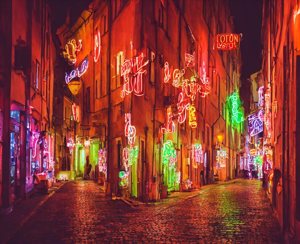 Prompt: Narrow polish street full of colorful vintage neons, crowd of partying people, late evening, 35mm f8.0, long exposure, focus on the neons, full frame, film photography