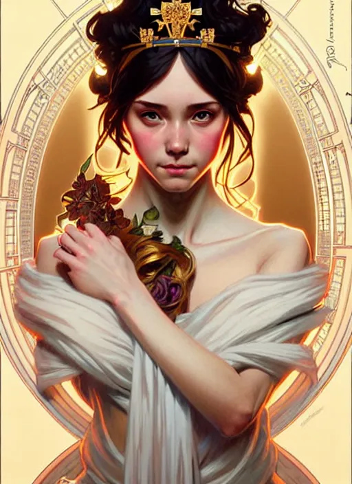 Image similar to hannah owo as queen, incredibly detailed face, pretty face, light dress, true anatomy, art by artgerm and greg rutkowski and alphonse mucha