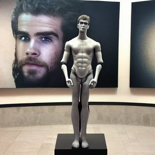 Image similar to “ a realistic detailed photo of a guy who is an attractive humanoid who is half robot and half humanoid, who is a male android, actor liam hemsworth, shiny skin, posing like a statue, blank stare, at the museum, on display ”