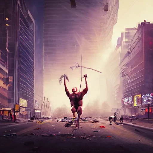 Image similar to gigantic building hovering above a city, long thick cables and trash hanging from underneath, smoke and thick dust in the air, rays of light, neon billboards and dried palmtrees in the streets, a mutant wrestler in fighter pose levitates in the center of the epic scene, scifi, illustration