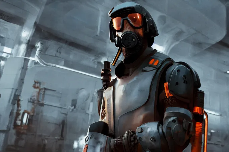 Image similar to vfx movie closeup real life gordon freeman holding wearing futuristic armor, half life logo on chest, crowbar in russian train yard swat team in gas masks approaching by emmanuel lubezki