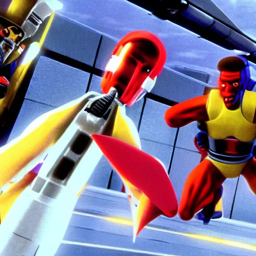 Prompt: a still of from the movie the running man crossover with the game star fox 6 4