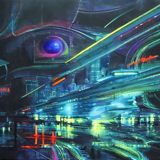 Image similar to world war in the year of 2 0 7 0!!!!!!!!!!, ( ( futuristic technologies, neon lights ) ), oil painting, highly detailed