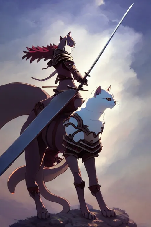 Image similar to a full body of the female knight riding a giant cat with gigantic sword, finely detailed features, closeup at the faces, perfect art, gapmoe yandere grimdark, trending on pixiv fanbox, painted by miura kentaro greg rutkowski makoto shinkai takashi takeuchi studio ghibli, akihiko yoshida