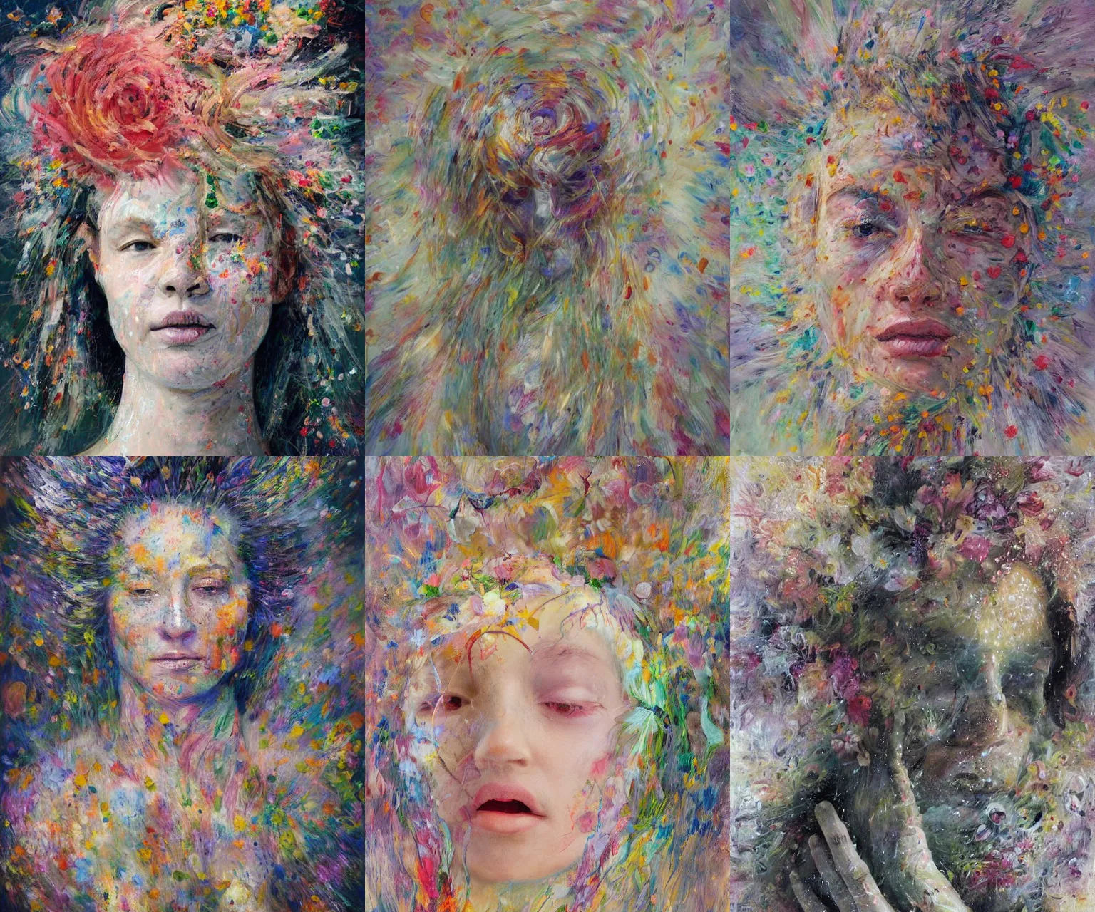 Image similar to Flower storm portrait, vortex of petals and radiant light, in the style of Jenny Saville, impressionistic brushwork