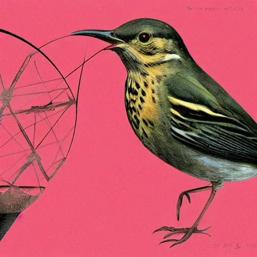 Image similar to a thrush bird wandering within the virtual realms of urban informatics and computational social science, artwork by dave mckean and ivan shishkin