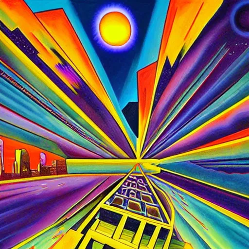 Image similar to solar punk city, geometry will draw the soul toward the truth and create the spirit of philosophy, galactic nebula, surrealist oil painting