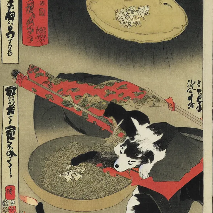 Prompt: comic book artwork of a shiba inu samurai eating a bowl of rice by Utagawa Kuniyoshi