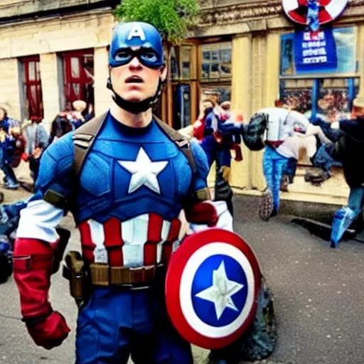 Image similar to photo of captain america fighting the edl in a british pub