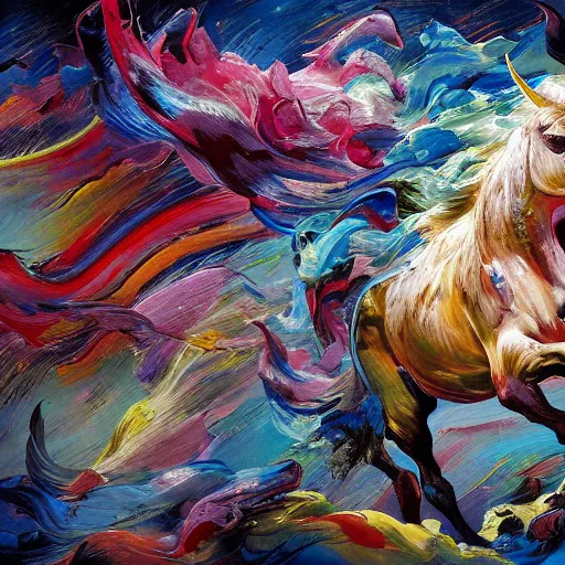 Prompt: jackson pollock painting, abstract chaos art of a unicorn, fantasy, hd, volumetric lighting, 4 k, intricate detail, by jesper ejsing, irakli nadar