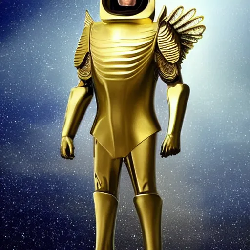 Prompt: a man 4 5 meters tall covered completely with a futuristic golden armor, his skin looks like white and black marble and can be seen between the armor, he has wings made of dark energy, he has a thurible in his hand with smoke, he lives in the year 3 0 0 0 in space, dune movie digital art