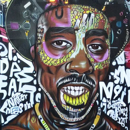 Prompt: 2Pac, Oakland graffiti, The Black Panthers in the style of Digital underground, hyper realistic, high detail