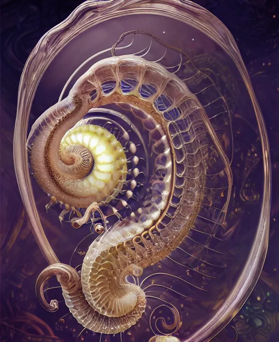 Image similar to intricate ornate opulent transparent clear see - through portrait of a terrifying beautiful alien nautilus, mottled coloring, adorable, childlike, pastoral environment, ultra realistic, concept art, art nouveau, photorealistic, octane render, 8 k, unreal engine. art by christopher marley and artgerm and greg rutkowski and alphonse mucha