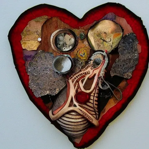 Image similar to human heart, anatomically correct, photocollage, pyrography, puppet, bejeweled, mixed media, frottage, happy accidents, in a symbolic and meaningful style