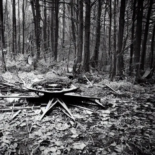 Prompt: huge crashed ufo wreckage in the forest, black and white photo, cinematic, found footage