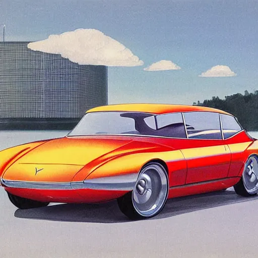 Image similar to retrofuturistic tesla model 3, 1 9 6 0 s sports car concept art