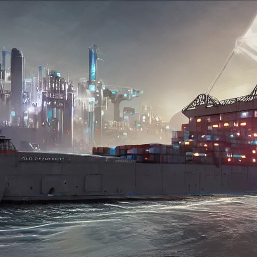 Image similar to Immense industrial futuristic cargo ship arrives at cyber punk city sea port, cinematic lighting, concept art