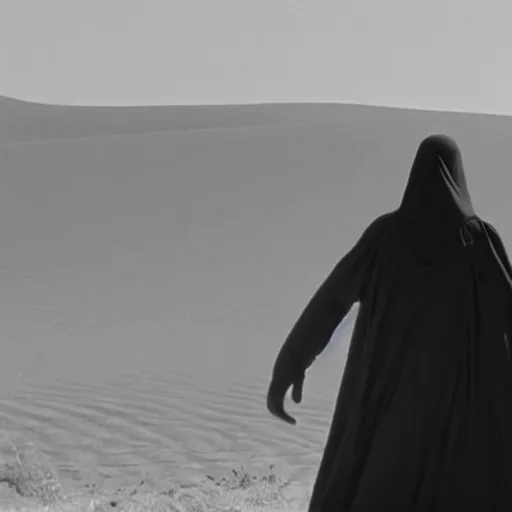 Image similar to a man wearing a long cloak and gasmask, in the desert, film still, arriflex, by Arik Roper