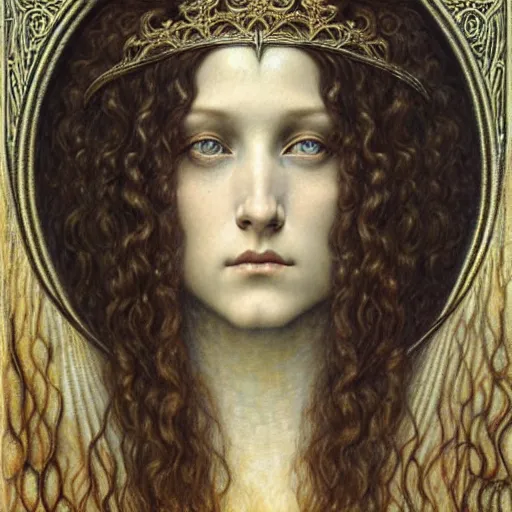 Image similar to detailed realistic beautiful young medieval queen face portrait by jean delville, gustave dore and marco mazzoni, art nouveau, symbolist, visionary, gothic, pre - raphaelite. horizontal symmetry