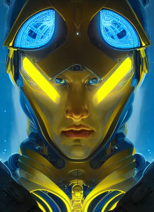 Prompt: symmetry!! portrait of a strong man, sci - fi, tech wear, blue and yellow glowing lights!! intricate, elegant, highly detailed, digital painting, artstation, concept art, smooth, sharp focus, illustration, art by artgerm and greg rutkowski and alphonse mucha