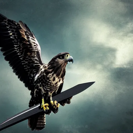 Image similar to an hawk holding a black cross shaped sword in his beak, digital art, 4 k, pirates of the caribbean style