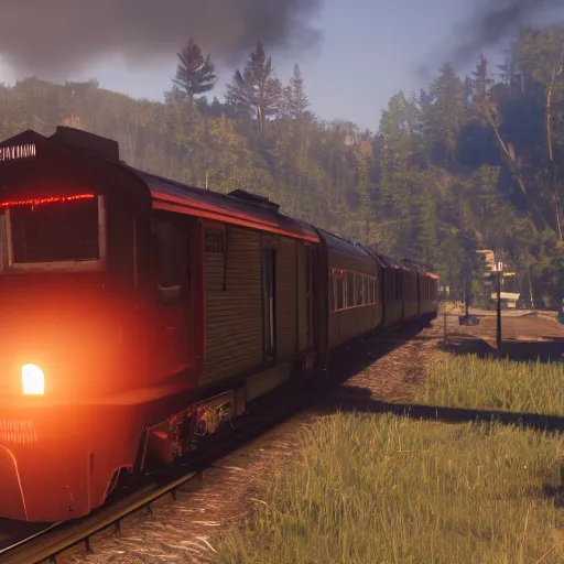 Image similar to A train in red dead redemption 2, screenshot, high quality image, widescreen, in-game engine, 8k, octane render, by greg rutkowski