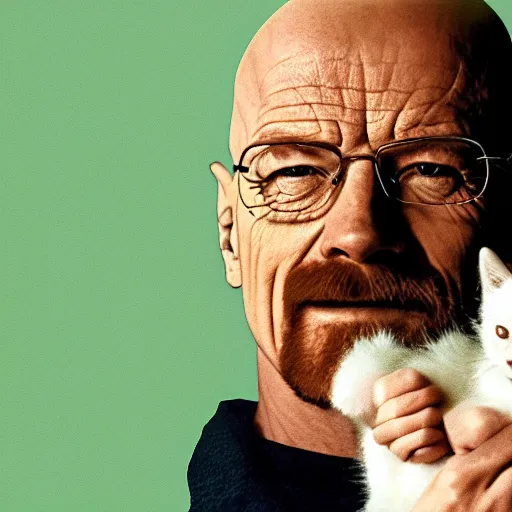 Prompt: walter white smiling holding a kitten, hd 4 photo