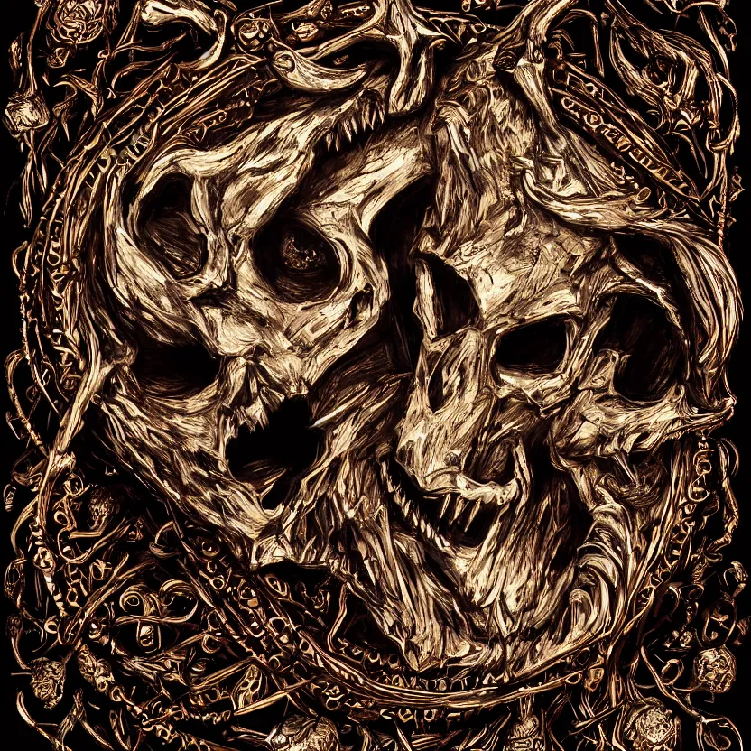 Image similar to photo portrait portrait of skull of wolf, lying on bones, dramatic lighting, golden ornaments, symmetric, intricate skeletal decorations, symmetry, highly detailed, concept art, black, red, white, gold layers, super moon, style of nekroxiii, hyperrealistic, dark background, smoke