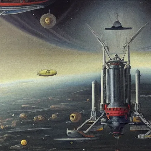Image similar to A very detailed oil painting of a huge spaceship by Bosch