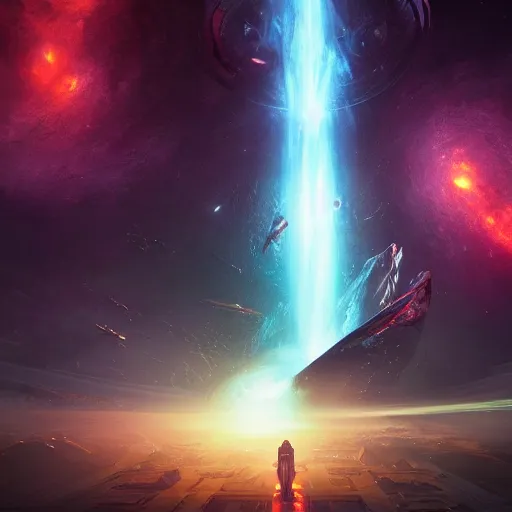 Prompt: futuristic spaceship escaping event horizon of black hole, by rossdraws, by marc simonetti, by matt rutkowski, dystopian lost in space, nebula, supernova, exploding galaxy, micro detail, octane render, physically based rendering, insane details, photorealism, fantasy, 8 k, cgsociety