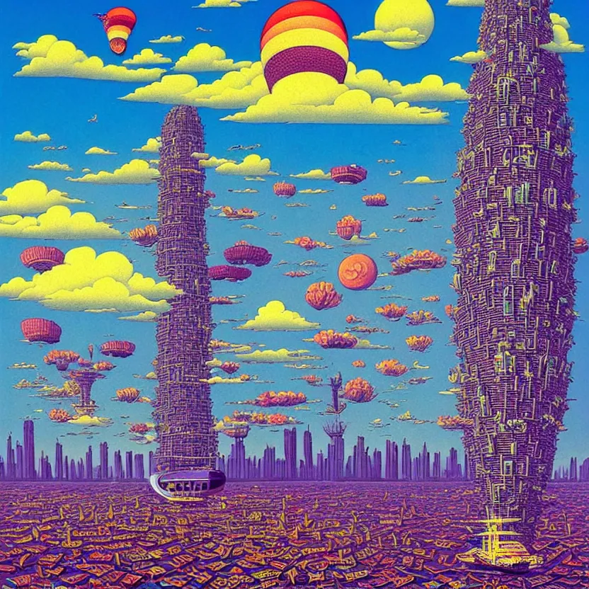 Image similar to surreal glimpse into other universe, mahanakorn tower with airship floating n the sky, summer morning, very coherent and colorful high contrast, art by!!!! rafal olbinski!!!!, geof darrow, floralpunk screen printing woodblock, dark shadows, hard lighting, stipple brush technique,