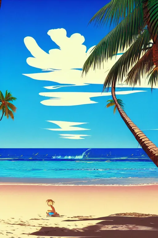 Prompt: beach, ocean, palm trees, sunshine, first person view, scenery wallpaper aesthetic, beautiful, cinematic, dramatic, super detailed and intricate, hyper realistic, 4 k render, by koson ohara, by darwyn cooke, by satoshi kon, by kentaro miura