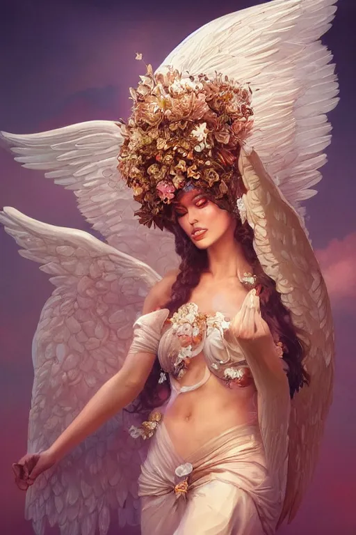 Prompt: expressive full body photo of sophia lauren as beautiful angel, smooth glowing skin, ornate headpiece made from flowers, glamour shot, by karol bak, by greg rutkowski, by artgerm, octane render, unreal engine, photorealistic, canon r 3, fashion photography