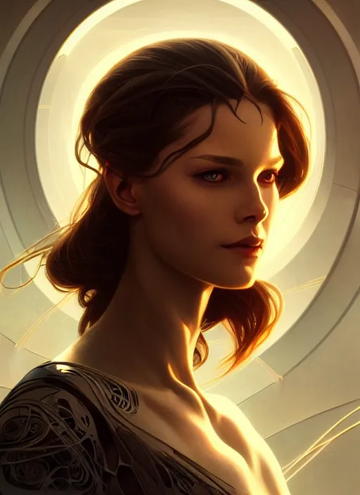 Image similar to futuristic woman portrait, sci-fi, amber eyes, face, long hair, fantasy, intricate, elegant, highly detailed, digital painting, artstation, concept art, smooth, sharp focus, illustration, art by artgerm and greg rutkowski and alphonse mucha