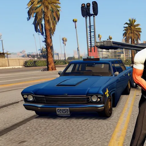 Image similar to GTA V arnold schwarzenegger screenshot stealing a cop car