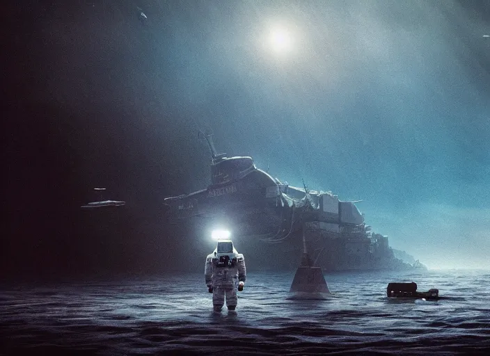 Image similar to astronaut holding a flag in an underwater desert. a submarine is visible in the distance. dark, concept art, cinematic, dramatic, atmospheric, 8 k, trending on artstation, blue, fish, low visibility, fog, ocean floor, christopher nolan, interstellar