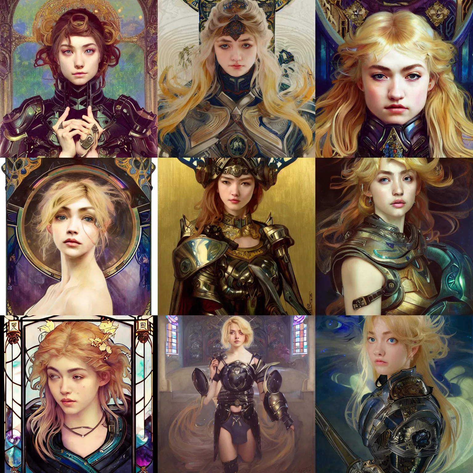 Prompt: masterpiece head-on symmetrical centered painted portrait, Imogen Poots as a paladin, blonde hair, glorious, wearing full metal armour, glowing stained glass backdrop, elegant, in the style of Ruan Jia and Artgerm and Edgar Maxence and Ross Tran and Alphonse Mucha and Ayami Kojima and Charlie Bowater and Greg Rutkowski and Karol Bak and Jean Delville, Art Nouveau, Pre-Raphaelite, Neo-Gothic, 8k, specular highlights, octane render