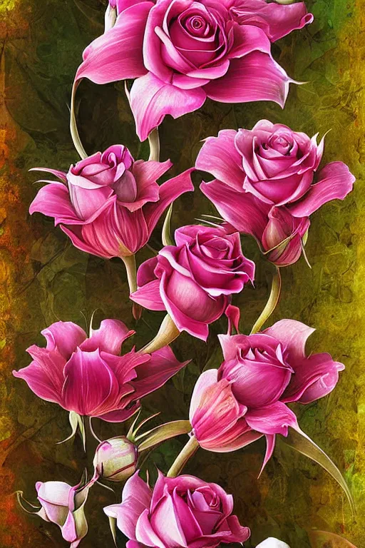 Prompt: beautiful _ digital _ matter _ cinematic _ painting _ of _ whimsical _ botanical _ illustration _ of _ roses _ and _ lilies _ and _ pearls _ whimsical _ scene _ by _ greg _ rutkowki _ android jones