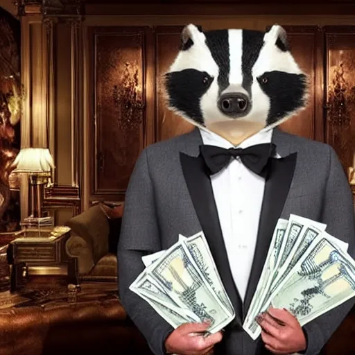 Prompt: anthropomorphic badger billionaire posing with his massive stacks of money in his beautiful mansion, realistic photo, rich kids of instagram