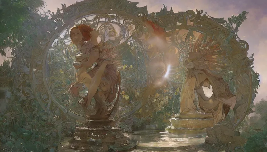 Prompt: craig mullins, studio ghibli, and alphonse mucha illustration of a relief sculpture of the sun on top of a fountain in a garden, flowers, unreal engine, hyper realism, realistic shading, cinematic composition, realistic render, octane render, detailed textures, photorealistic, wide shot