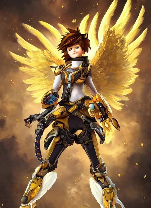 Image similar to full body oil painting of tracer overwatch in the style of sophie anderson, angel wings, angelic golden armor, dramatic painting, symmetrical composition, ornate, high detail, gold detailed collar, gold collar, gold choker, blooming, lights, flowers, detailed face,