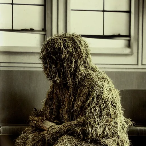 Prompt: a man wearing a ghillie suit, sitting in a waiting room, film still, arriflex 3 5