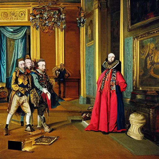 Prompt: 18th century historical painting representing Ivan the Terrible in his palace in Moscow with new Tesla 3, by Joshua Reynolds, Hermitage museum catalog photography,