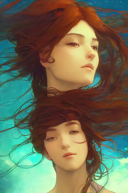 Image similar to a beautiful render of a beautiful female air sprite, wind, a beautiful face, perfectly shaded, atmospheric lighting, style of makoto shinkai, raphael lacoste, louis comfort tiffany, artgerm, karol bak, james jean, alphonse maria mucha