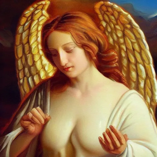 Prompt: a painting of an angel, oil painting, masterpiece, highly detailed