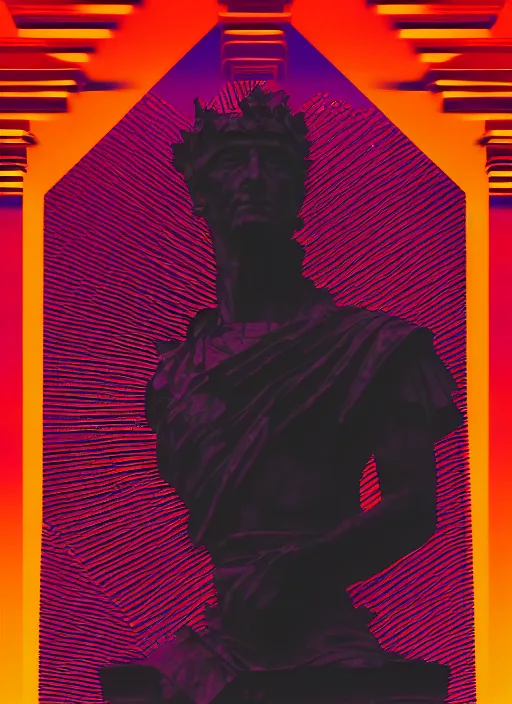 Prompt: black background with subtle red and purple design elements, statue of julius caesar, nekro, modern design, collage art, thin lines, dark, glitch art, neo vaporwave, gritty, layout frame, trending on artstation